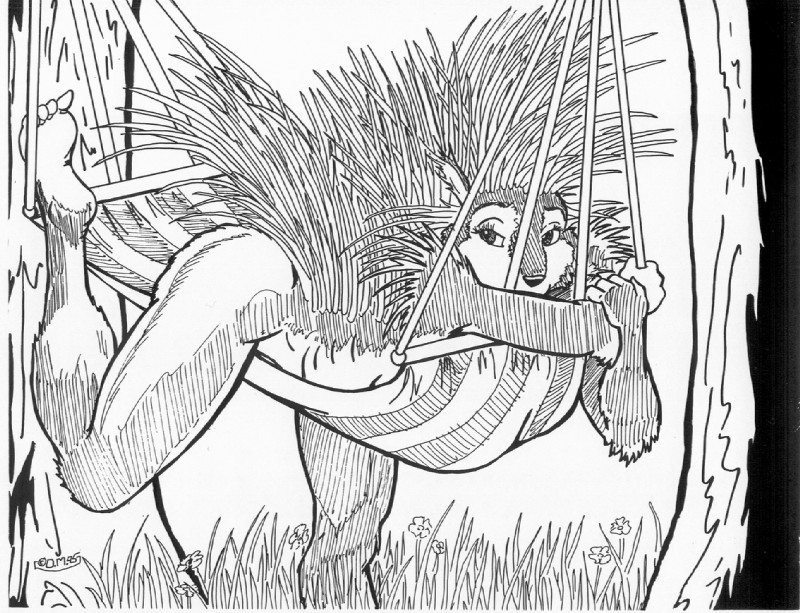 anthro female grass hammock plant pose simple_background solo tree wood oscar_marcus mammal porcupine rodent 1995 greyscale monochrome pinup