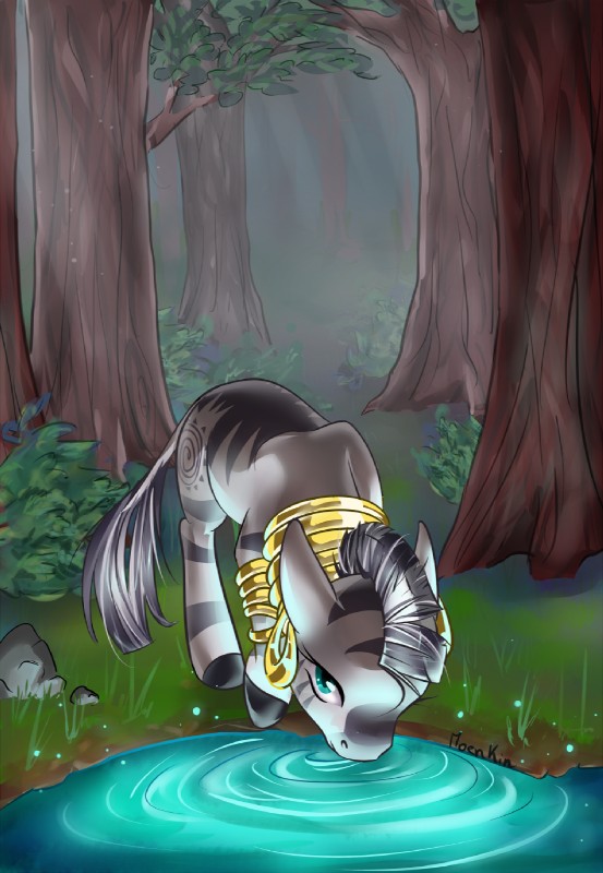 bare_back black_hair cutie_mark detailed_background ear_piercing female feral forest hair hooves nature piercing plant solo standing tree white_hair moenkin friendship_is_magic hasbro my_little_pony zecora_(mlp) equid equine mammal zebra hi_res