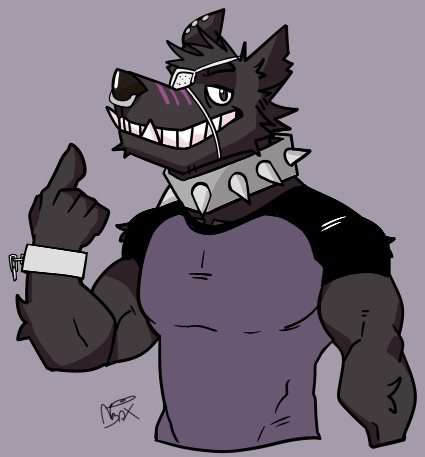 anthro collar eye_patch eyewear happy male piercing solo spiked_collar spikes teeth genericboxhead shadow_von_wolfkin canid canine canis mammal wolf hi_res