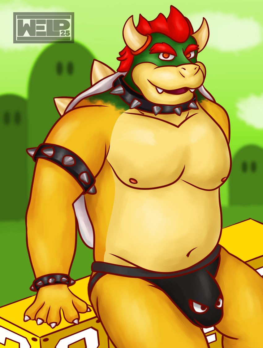 5_fingers ?_block anthro belly bracelet breasts bulge clothed clothing cloud collar eyebrows fangs fingers gradient_background grass green_body horn jewelry male mohawk muscular nipples plant pose red_eyes red_hairband shell simple_background sitting sitting_on_ground sky solo spines studs teeth topless underwear yellow_body welp_can mario_bros mythology nintendo bowser bullet_bill dragon mythological_creature mythological_scalie reptile scalie turtle absurd_res hi_res pinup