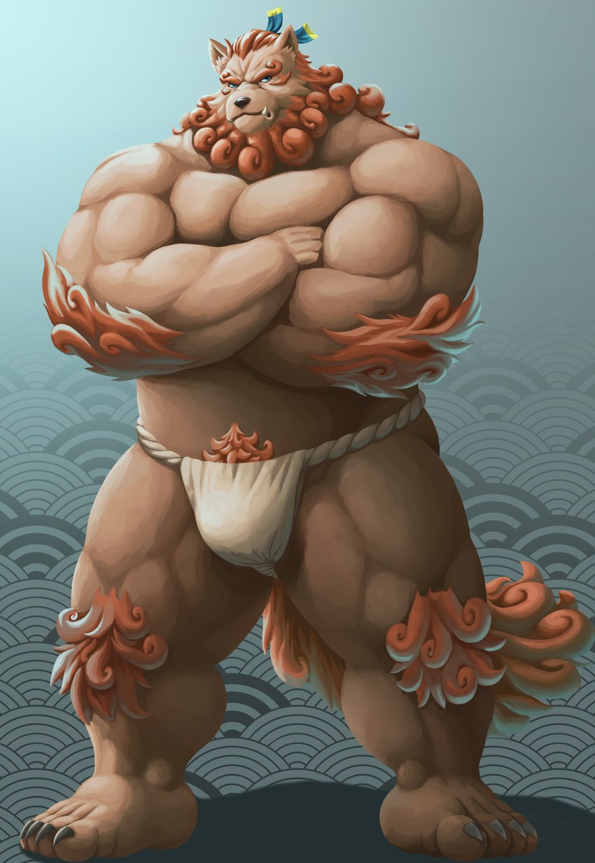 4_toes anthro asian_clothing barefoot beard biceps biped black_nose blue_eyes bulge claws clothed clothing crossed_arms east_asian_clothing elbow_fur eyebrows facial_hair feet fundoshi fundoshi_only fur hair japanese_clothing male muscular muscular_anthro muscular_male muscular_thighs orange_beard orange_body orange_eyebrows orange_facial_hair orange_fur orange_hair orange_pubes orange_tail pecs pubes solo standing tail thick_eyebrows toes topless underwear underwear_only white_clothing white_fundoshi white_underwear dendoro asian_mythology east_asian_mythology japanese_mythology mythology sdorica toyokuni canid foo_dog komainu mammal yokai 2021 absurd_res hi_res