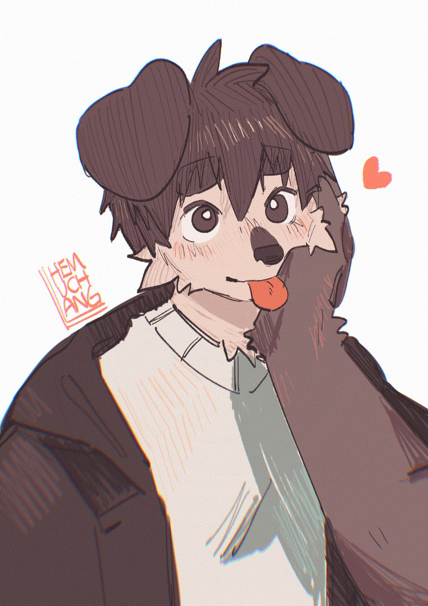 black_body black_clothing black_eyes black_fur black_hair black_hoodie black_topwear blep blush blush_lines clothing duo floppy_ears fur hair heart_symbol hoodie male solo_focus sweater tongue tongue_out topwear white_body white_clothing white_fur white_sweater white_topwear hemuchang pots_(hemuchang) shin_(hemuchang) canid canine canis domestic_dog felid mammal pantherine 2022 hi_res