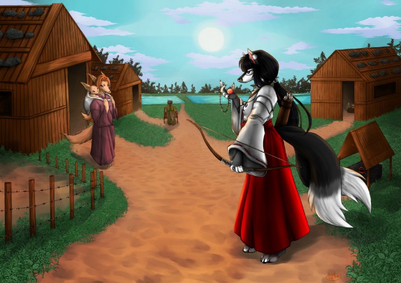 2_tails anthro archer arrow_(weapon) black_hair bow_(weapon) cosplay female feudal group hair multi_tail quiver_(object) ranged_weapon tail trio_focus weapon fujiokaaika inuyasha era kikyo_(inuyasha) canid canine fox mammal