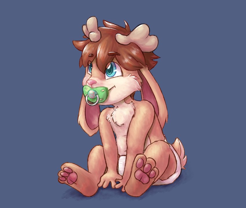 anthro antlers clean_diaper clothed clothing daww diaper diaper_only feet horn long_ears male object_in_mouth pacifier pacifier_in_mouth pawpads shirtless sitting smile solo spiral_pacifier spiral_print toddler topless wearing_diaper young young_anthro wyfoo jackalope lagomorph mammal absurd_res hi_res