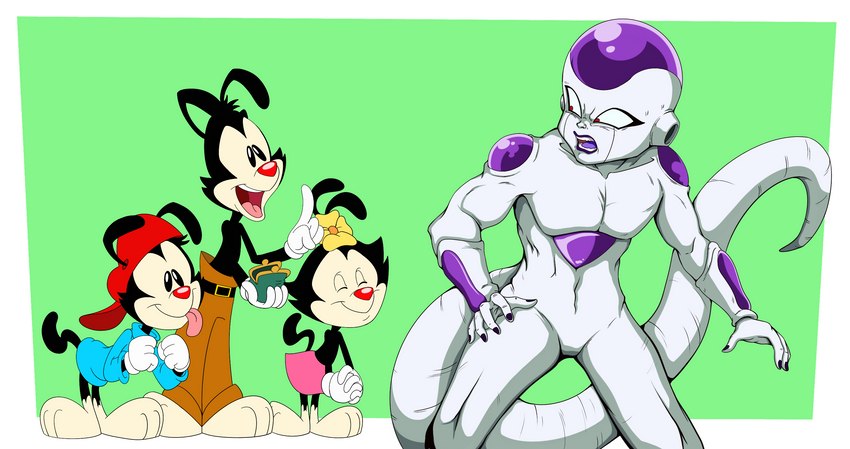 anthro barefoot being_watched clothing feet female group looking_at_another looking_back male open_mouth simple_background smile tongue tongue_out scottforester17 animaniacs dragon_ball warner_brothers dot_warner frieza wakko_warner yakko_warner frieza_race inkblot crossover hi_res sibling_(lore)