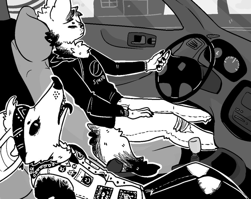 alternative_fashion anthro bottomwear car cheek_tuft chest_tuft clothing denim denim_bottomwear denim_clothing denim_jacket denim_topwear denim_vest duo eyes_closed facial_tuft fluffy fluffy_tail hoodie inside_car inside_vehicle jacket jeans kerchief male open_mouth open_smile pants patch_(fabric) print_clothing print_shirt print_t-shirt print_topwear punk sharp_teeth shirt sitting smile spiked_jacket t-shirt tail teeth tongue tongue_out topwear torn_bottomwear torn_clothing torn_pants tuft vehicle vest wide_eyed sinsquest sprite_(soda) sins_(sinsquest) bat canid canine fox mammal greyscale monochrome trans_(lore) trans_man_(lore)