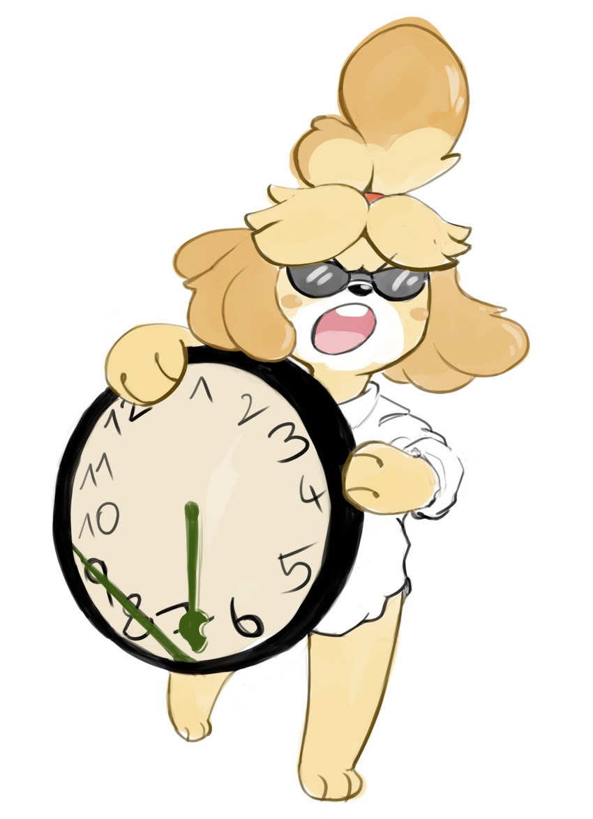 anthro barefoot clock clothed clothing eyewear feet female humor open_mouth paws simple_background solo standing sunglasses white_background teabro animal_crossing filthy_frank it's_time_to_stop nintendo isabelle_(animal_crossing) canid canine canis domestic_dog mammal 2018 digital_media_(artwork) hi_res meme