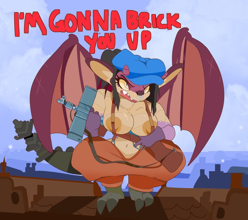 anthro areola big_breasts big_ears black_hair blue_clothing blue_hat blue_headwear bottomwear breasts brown_nose claws clothed clothing crouching dialogue digitigrade eyelashes facial_piercing female front_view grey_claws gun hair hat headgear headwear holding_gun holding_object holding_ranged_weapon holding_weapon looking_at_viewer membrane_(anatomy) membranous_wings navel nipples nose_piercing nose_ring open_mouth orange_areola orange_bottomwear orange_clothing orange_nipples orange_pants pants piercing pink_wings pupils purple_body purple_scales purple_wings ranged_weapon ring_piercing scales sharp_teeth sky slit_pupils solo suspenders suspenders_on_nipples talking_to_viewer tan_body tan_scales teeth text thick_thighs topless weapon white_eyes wide_hips wings yellow_sclera commoddity deadlock valve ivy_(deadlock) gargoyle absurd_res hi_res