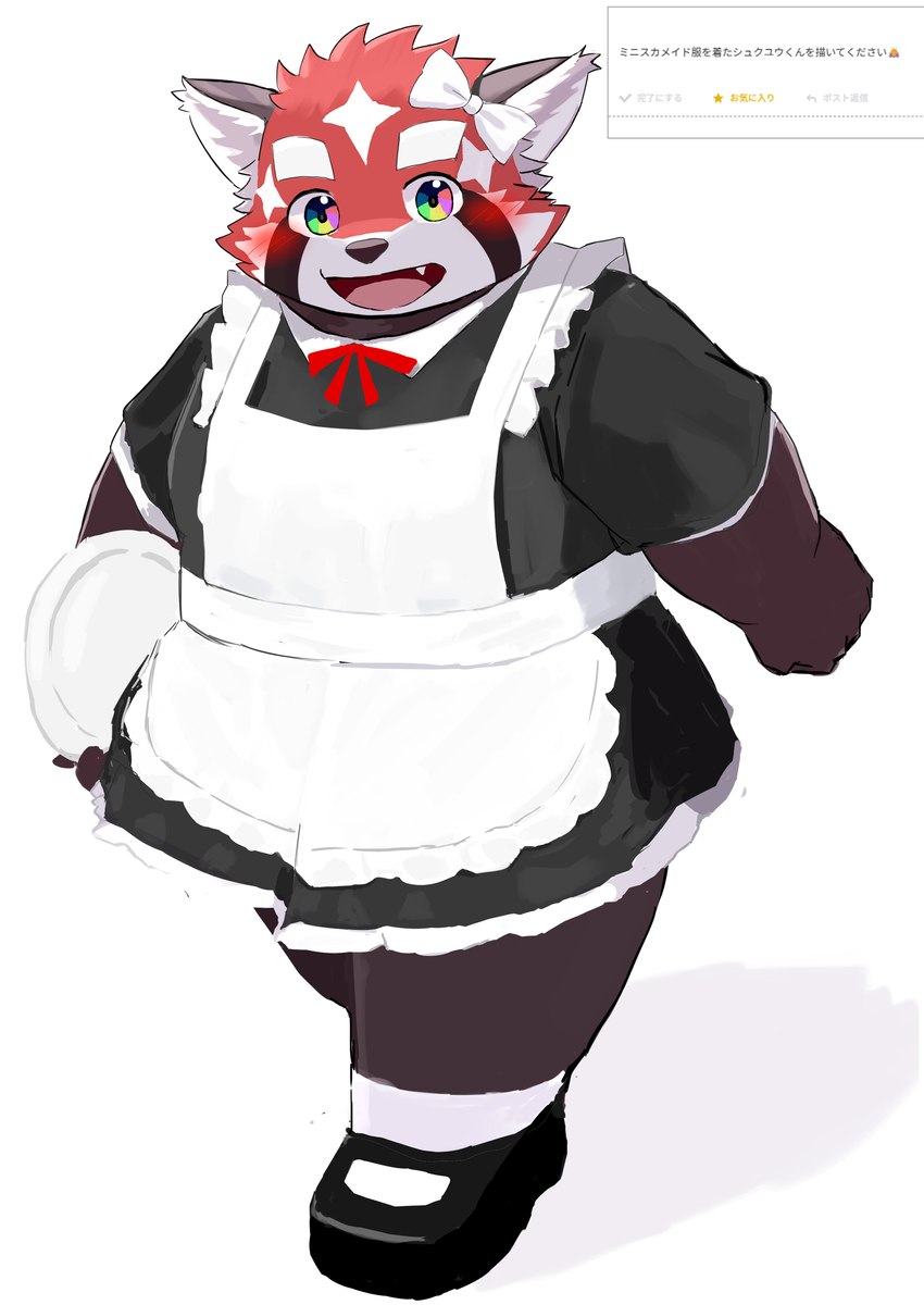 anthro blush bow_ribbon clothed clothing crossdressing dress eyebrows fur kemono maid_uniform male red_body red_fur slightly_chubby solo thick_eyebrows uniform young 9dtq0 lifewonders tokyo_afterschool_summoners zhurong_(tas) ailurid mammal red_panda absurd_res hi_res