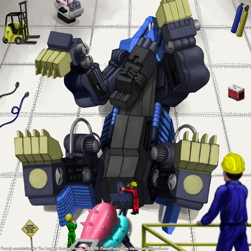 ambiguous_gender anus armor clothing dildo female feral forklift genitals group hangar hard_hat headgear helmet imminent_sex jumpsuit machine mecha pussy railing sex_toy shield_liger sign size_difference wire smudge_proof zoids human mammal robot 1:1 hi_res