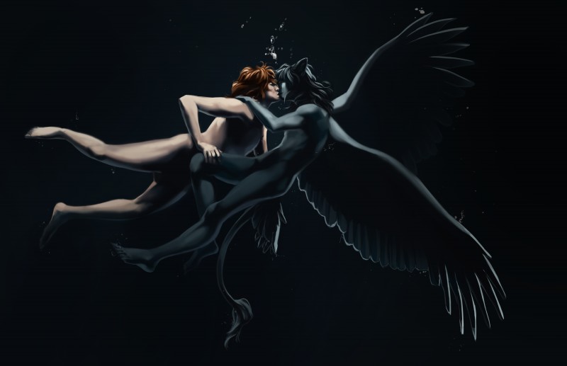 anthro black_hair bubble duo eyes_closed feathered_wings feathers grey_body hair humanoid_hands kissing leg_grab male male/male nude red_hair shoulder_grab side_view spread_wings swimming tail tail_feathers tail_tuft tuft underwater water wings blackpassion777 felid human mammal absurd_res dark_theme hi_res