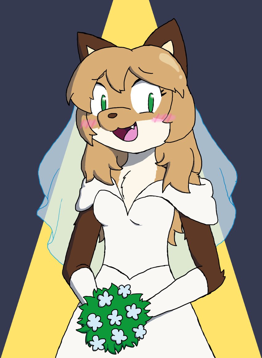 anthro blush bouquet brown_body brown_fur clothing dipstick_tail dress female female_anthro fur gloves_(marking) green_eyes hair leg_markings looking_at_viewer markings simple_background socks_(marking) solo spotlight spotlight_beam tail tail_markings wedding wedding_dress white_body white_fur conditional_dnp unknown_artist averi_(fiddleafox) canid canine fox mammal grandfathered_content hi_res