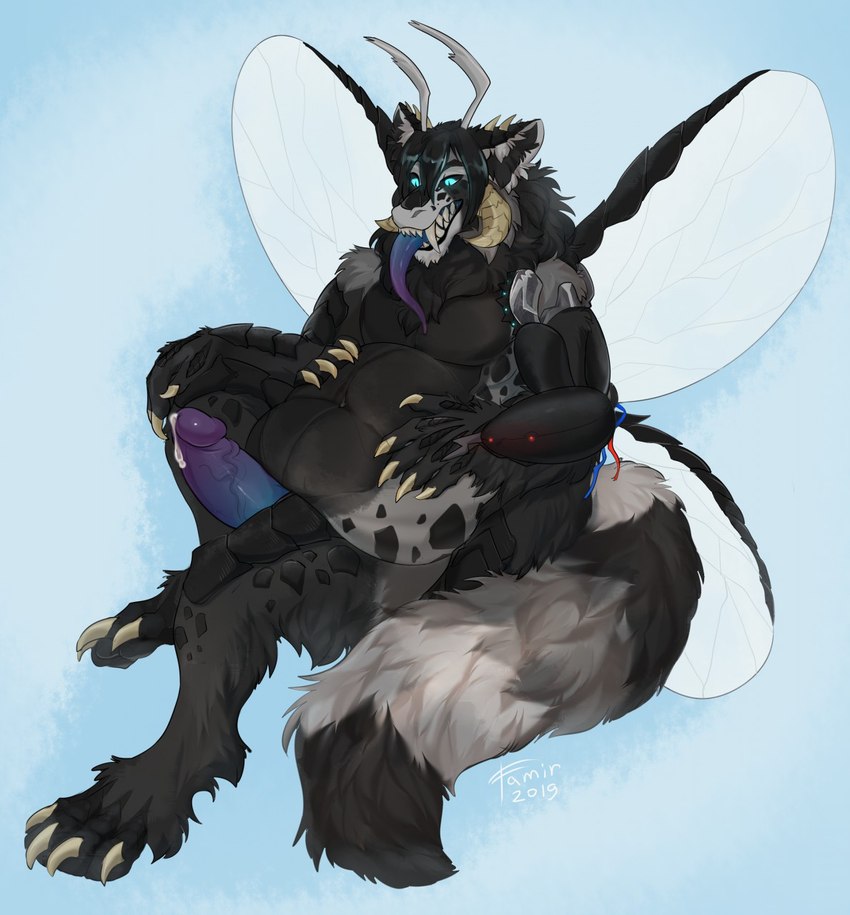 anthro belly big_belly big_fangs black_body black_ears black_hair black_inner_ear_fluff black_sclera blue_eyes blue_penis blue_tongue erection fangs fur genitals grey_body grey_fur hair humanoid_genitalia humanoid_penis inner_ear_fluff insect_wings male navel nude overweight overweight_anthro overweight_male penis precum_on_own_penis prosthetic prosthetic_arm prosthetic_limb pupils purple_penis purple_tongue simple_background sitting slit_pupils solo tail teeth three-quarter_view tongue tongue_out tuft vein veiny_penis wings famir group17 mythology arthropod dragon hybrid insect lepidopteran moth mythological_creature mythological_scalie scalie 2019 dated full-length_portrait hi_res portrait signature