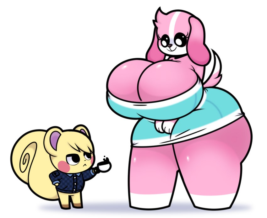 anthro beverage big_breasts big_butt black_eyes blonde_hair breasts butt cleavage clothed clothing coffee duo female fur hair huge_breasts huge_butt huge_thighs larger_female male pink_body pink_fur simple_background size_difference smaller_male smile standing tail thick_thighs yellow_body yellow_fur dewbber animal_crossing nintendo cookie_(animal_crossing) marshal_(animal_crossing) canid canine canis domestic_dog mammal rodent sciurid tree_squirrel