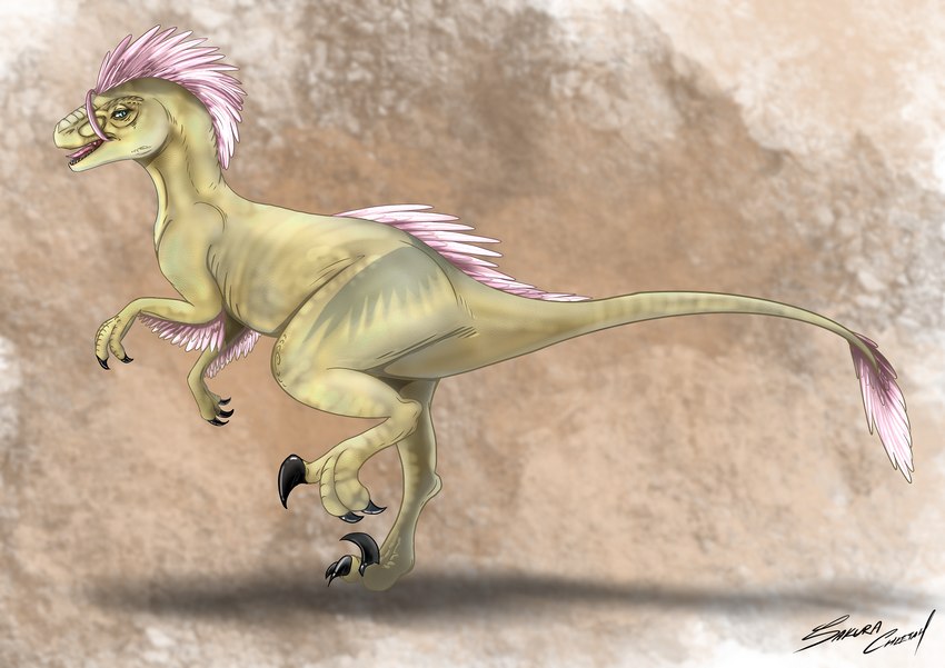 brown_background claws fangs female feral looking_at_viewer on_one_leg open_mouth race_swap simple_background solo standing teeth tongue sakuracheetah friendship_is_magic hasbro my_little_pony fluttershy_(mlp) dinosaur dromaeosaurid prehistoric_species reptile scalie theropod hi_res signature