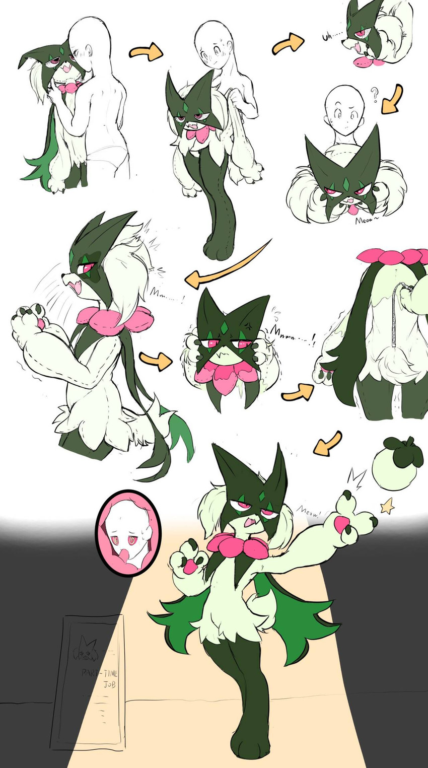 3_fingers 3_toes ambiguous_anthro ambiguous_gender anthro biped bound claws clothed clothing cosplay costume costume_transformation cutaway digitigrade duo eight_frame_image encasement featureless_crotch feet finger_claws fingers fur fursuit gradient_background green_body green_fur human_to_anthro hypnosis mind_control multi_frame_sequence pink_eyes pose seam_(sewing) sequential_arrow short_tail simple_background species_transformation spotlight suit_transformation suiting suiting_up tail takeover toes transformation transformation_sequence underwear underwear_only zipper starbow nintendo pokemon anon animate_inanimate generation_9_pokemon human living_clothing mammal meowscarada pokemon_(species) hi_res sequence