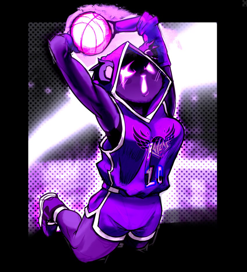 >:o action_pose alternate_costume anthro ball basketball basketball_(ball) basketball_uniform ben_day_dots breasts clothing dark_body dark_fur dunking elbow_pads energy_ball female footwear fur holding_object hood medium_breasts midair open_mouth pose purple_body purple_clothing purple_fur shirt shoes sneakers solo sportswear topwear undershirt uniform megajenta epic_games fortnite raven_team_leader bear mammal 2024 full-length_portrait hi_res portrait shaded