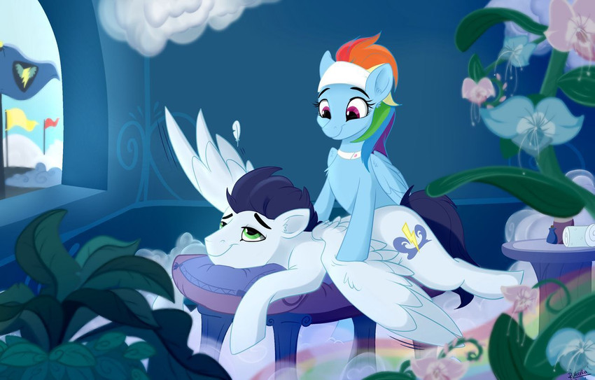 cloud duo feathers female feral flags flower green_eyes hair hooves inside male male/female massage multicolored_hair pillow plant purple_eyes rainbow rainbow_hair spa wings rutkotka friendship_is_magic hasbro my_little_pony mythology rainbow_dash_(mlp) soarin_(mlp) wonderbolts_(mlp) equid equine horse mammal mythological_creature mythological_equine pegasus pony