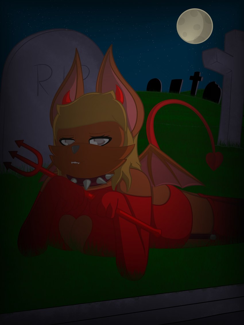 anthro bat_ears bat_wings bedroom_eyes big_breasts breasts cemetery choker clothing collar costume demon_horns_(accessory) fake_horns fangs female full_moon halloween_costume heart_symbol holidays horn jewelry legwear leotard looking_at_viewer melee_weapon membrane_(anatomy) membranous_wings moon narrowed_eyes necklace night one_piece_suit outside polearm public seductive solo spade_tail spiked_collar spikes tail teeth thigh_highs tight_clothing tombstone trident weapon wings moopsart halloween moops_(moopsart) bat demon mammal 3:4 absurd_res hi_res