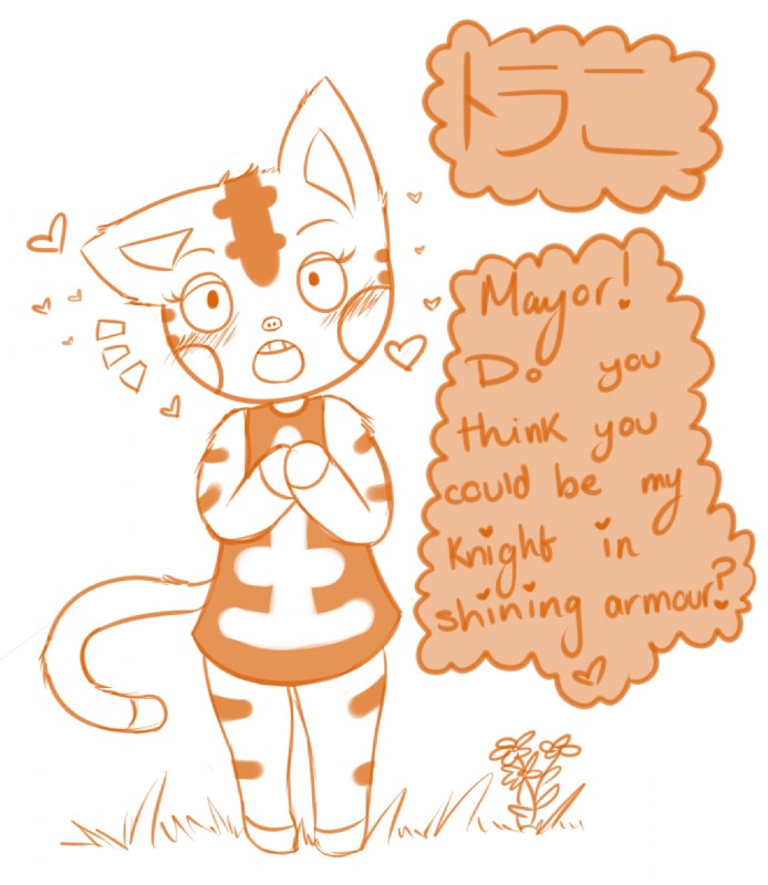 anthro blush clothing female grass heart_symbol open_mouth plant solo standing text topwear lacgl requestfaeg animal_crossing nintendo tabby_(animal_crossing) domestic_cat felid feline felis mammal tabby_cat english_text japanese_text monochrome translated