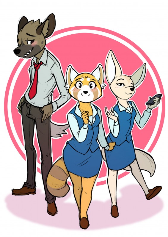 anthro black_nose bottomwear clothed clothing eyelashes female fur group male pencil_skirt simple_background skirt ben-ben aggretsuko sanrio fenneko haida_(aggretsuko) retsuko ailurid canid canine fennec_fox fox hyena mammal red_panda spotted_hyena true_fox 2018 absurd_res hi_res