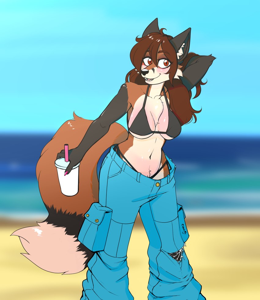 anthro bag baggy_jeans beach beverage black_bra black_clothing black_panties black_underwear blue_bottomwear blue_clothing blue_pants blue_sky blurred_background bottomwear bra breasts brown_hair clothing container cup disposable_cup drinking_straw female fluffy fluffy_tail hair holding_beverage holding_object horizon oversized_bottomwear oversized_clothing oversized_pants panties pants red_eyes sagging_pants sand sea sky solo tail torn_bottomwear torn_clothing torn_pants under_boob underwear water y2k_(fashion) chromefox lorelei_(chromefox) canid canine fox mammal hi_res