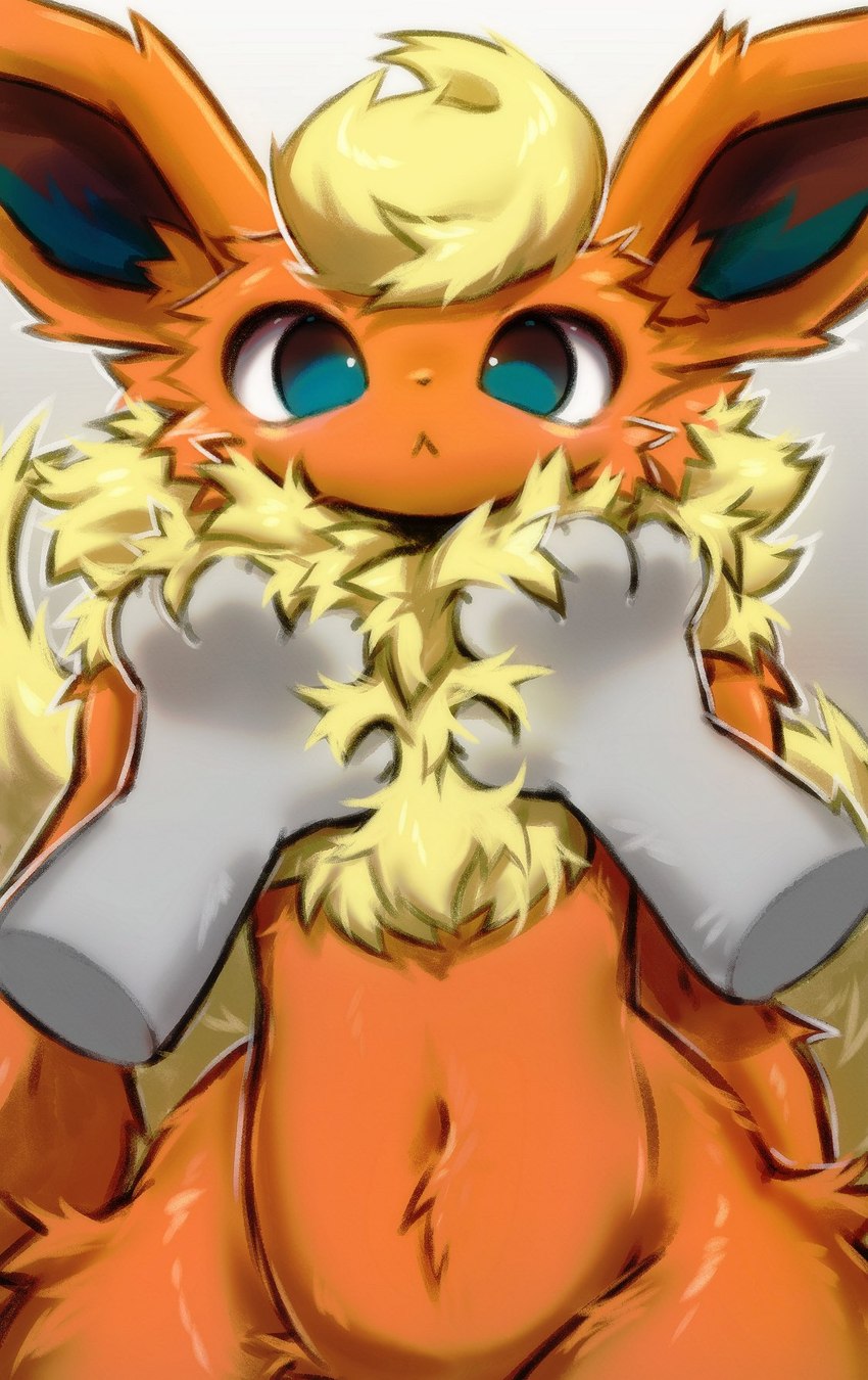 :< ambiguous_gender anthro chest_tuft disembodied_hand duo fluffy fur grey_body hand_on_chest looking_at_viewer navel orange_body orange_fur paws simple_background tail teal_eyes tuft yellow_body yellow_fur maimoonrabbit nintendo pokemon ambiguous_species eeveelution flareon generation_1_pokemon pokemon_(species) 2024 hi_res