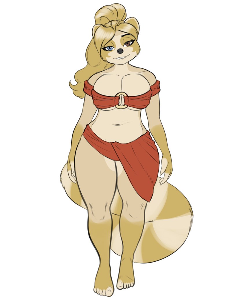 anthro big_breasts blonde_hair bottomwear breasts cleavage clothed clothing female hair looking_at_viewer smile solo thick_thighs blackbetty franciene_(tango's_family) mammal procyonid raccoon 4:5 hi_res