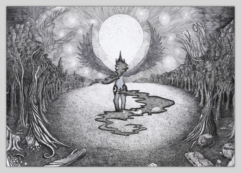 detailed_background feathered_wings feathers female forest horn moon plant solo surrealism text tree wings konsumo friendship_is_magic hasbro my_little_pony mythology princess_luna_(mlp) equid equine mammal mythological_creature mythological_equine winged_unicorn 2017 absurd_res english_text greyscale hi_res monochrome traditional_media_(artwork)