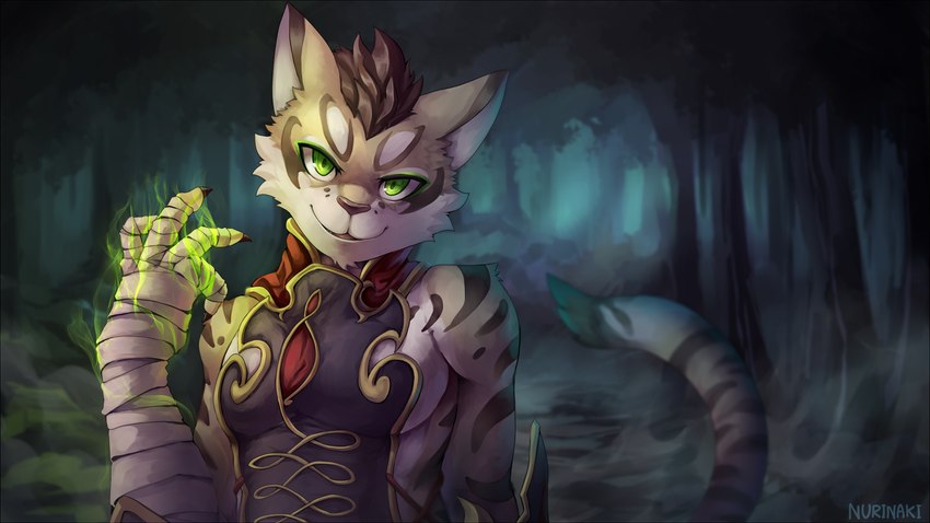 colored_fire fire forest glowing glowing_eyes green_eyes green_fire magic plant text tree nurinaki nekojishi studio_klondike shu-chi deity felid feline leopard_cat mammal prionailurus 16:9 2018 artist_name hi_res widescreen