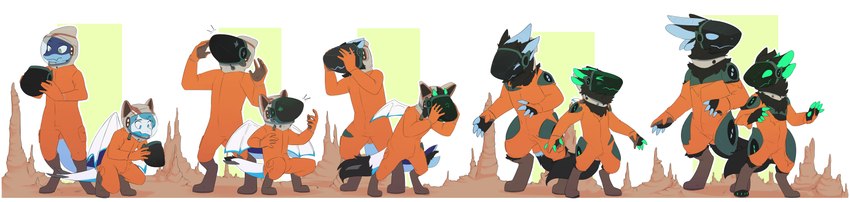 anthro basic_sequence blue_ears blue_eyes blue_paws clothing cybernetics duo duo_transformation five_frame_image five_frame_sequence green_ears green_eyes green_paws linear_sequence machine male mind_control multi_frame_sequence spacesuit tail torn_clothing transformation transformation_sequence wide_image wings fauvfox mythology dolfengra dragon mythological_creature mythological_scalie protogen scalie absurd_res digital_media_(artwork) hi_res long_image sequence