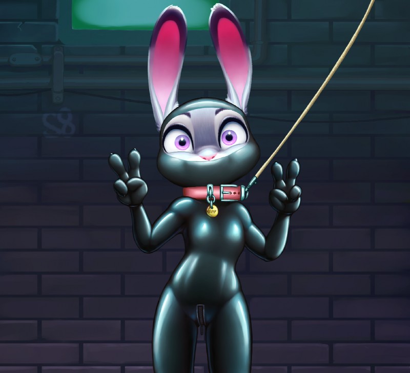 anthro bdsm bodysuit clothed clothing collar collar_tag dipstick_ears ear_markings female flat_chested front_view gag gagged gesture gimp_suit hand_gesture latex leash looking_at_viewer mask multicolored_ears skinsuit solo text tight_clothing v_sign zipper alec8ter conditional_dnp huebris disney zootopia judy_hopps lagomorph leporid mammal rabbit hi_res