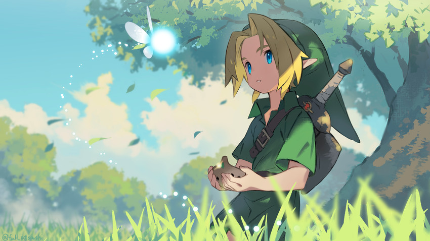 blonde_hair blue_eyes clothing cloud day duo fairy_dust grass hair hat headgear headwear holding_object humanoid_pointy_ears male musical_instrument not_furry plant pointy_ears tree wings blanco026 nintendo ocarina_of_time the_legend_of_zelda navi young_link fairy humanoid hylian 16:9 2020 hi_res signature widescreen