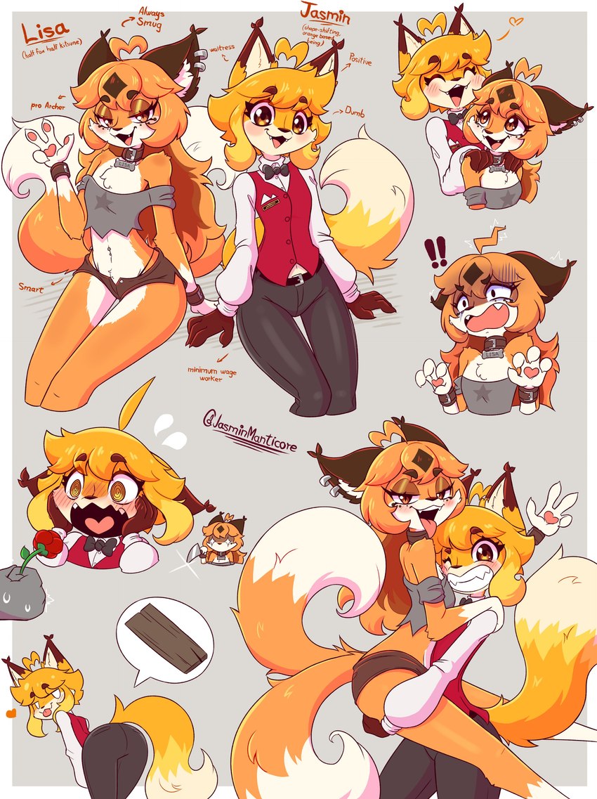 2_tails 4_fingers ahoge anthro blep blush blush_lines bow_tie butt clothed clothing collar dipstick_ears dipstick_tail duo ear_markings ear_piercing ear_ring exclamation_point eyebrow_through_hair eyebrows eyelashes eyes_closed fangs female fingers flower gesture gloves_(marking) hair hand_gesture inner_ear_fluff leg_markings long_hair looking_at_viewer looking_back looking_back_at_viewer markings multi_tail multicolored_ears name_tag one_eye_closed open_mouth open_smile orange_eyes orange_hair piercing plant ring_piercing short_hair simple_background smile socks_(marking) spiral_eyes tail tail_markings teeth text tongue tongue_out translucent translucent_hair tuft v_sign wink jasminthemanticore jasmin_(jasminthemanticore) lisa_(jasminthemanticore) canid canine fox mammal 2023 absurd_res digital_media_(artwork) english_text hi_res