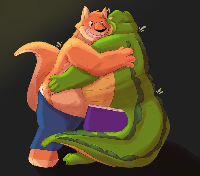 anthro black_nose bottomwear clothing duo green_body hug male overweight overweight_male pants shirt simple_background topwear chubbymeel brok_the_investigator cowcat_games brok_(brok_the_investigator) sin_silver alligator alligatorid crocodilian kangaroo macropod mammal marsupial reptile scalie 2025 hi_res