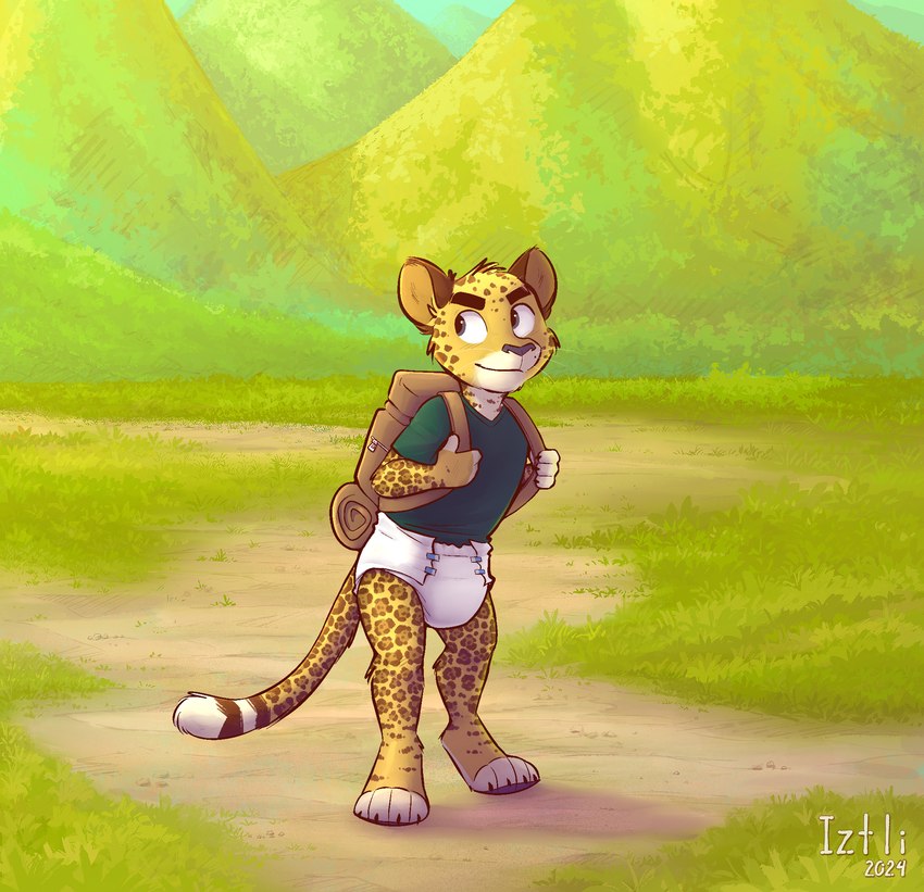 anthro biped clothed clothing diaper eyebrows fur male shirt solo tail topwear wearing_diaper young young_anthro young_male iztli iztli_(iztli) felid jaguar mammal pantherine 2024 hi_res