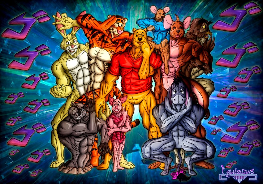 anthro buried female group jojo_pose male muscular muscular_female muscular_male style_emulation text iguiacus disney jojo's_bizarre_adventure menacing_(meme) winnie_the_pooh_(franchise) eeyore gopher_(winnie_the_pooh) kanga owl_(winnie_the_pooh) piglet pooh_bear rabbit_(winnie_the_pooh) roo_(winnie_the_pooh) tigger asinus avian bear bird domestic_pig donkey equid equine eulipotyphlan felid gopher kangaroo macropod mammal marsupial mole_(animal) owl pantherine rodent suid suina sus_(pig) tiger absurd_res hi_res japanese_text meme spanish_description