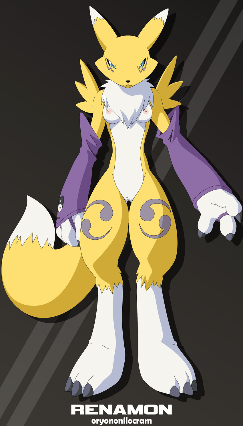 blue_eyes breasts clothing female fur genitals gloves handwear looking_at_viewer nude pussy solo tuft white_body white_fur yellow_body yellow_fur yin_yang oryononilocram bandai_namco digimon canid canine digimon_(species) mammal renamon 4:7 absurd_res hi_res