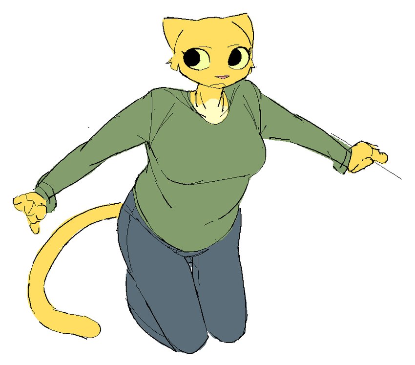 anthro bottomwear clothing female kneeling long_sleeve_shirt looking_aside pants slightly_chubby slightly_chubby_anthro slightly_chubby_female solo tail thick_thighs yellow_eyes lolrnomic microsoft prequel_adventure the_elder_scrolls katia_managan felid feline khajiit mammal