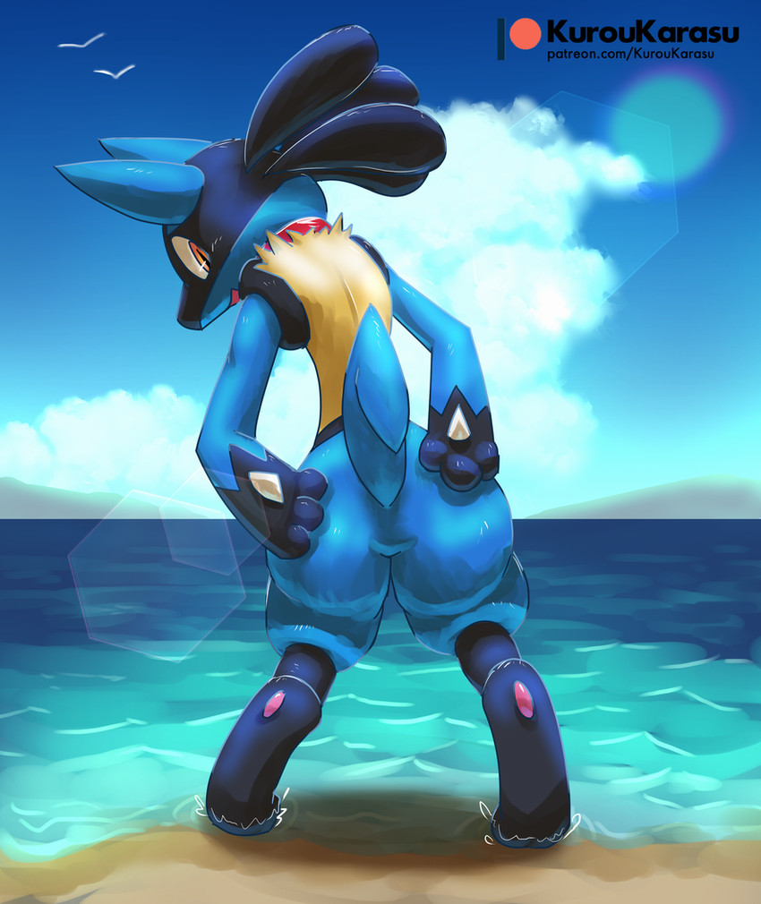 ambiguous_gender anthro beach blue_body blue_fur butt cloud day fur looking_back outside presenting presenting_hindquarters rear_view red_eyes sea seaside sky solo water kurohane_karasu nintendo pokemon generation_4_pokemon lucario mammal pokemon_(species) 2020