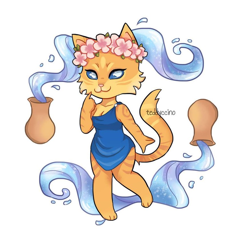 anthro blue_clothing blue_eyes card clothing female flower flower_accessory flower_crown fortune_telling major_arcana plant simple_background solo tarot tarot_card the_star_(tarot) water water_jug white_background teddyccino the_arcana:_a_mystic_romance the_star_(the_arcana) domestic_cat felid feline felis mammal tabby_cat 1:1