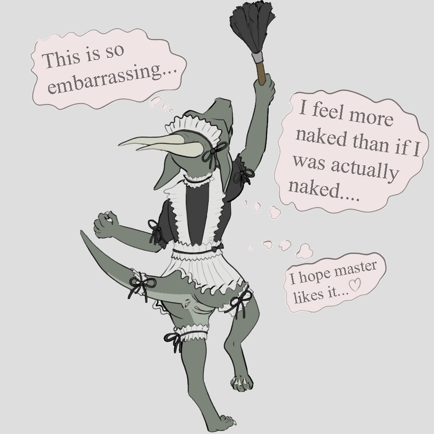 anthro anus butt claws cleaning_tool clothing feather_duster female genitals heart_symbol horn maid_uniform on_one_leg presenting presenting_hindquarters pussy raised_leg raised_tail solo speech_bubble standing tail text uniform tiny_terrible zirilon kobold reptile scalie 1:1 english_text