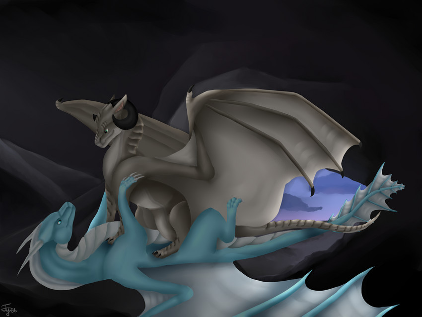 blue_body cave duo female feral grey_body horn male male/female membrane_(anatomy) membranous_wings tail wings kristinagoose_(artist) european_mythology mythology albion_(albion2000) felarra_(jamesness) dragon mythological_creature mythological_scalie scalie western_dragon 4:3 absurd_res hi_res