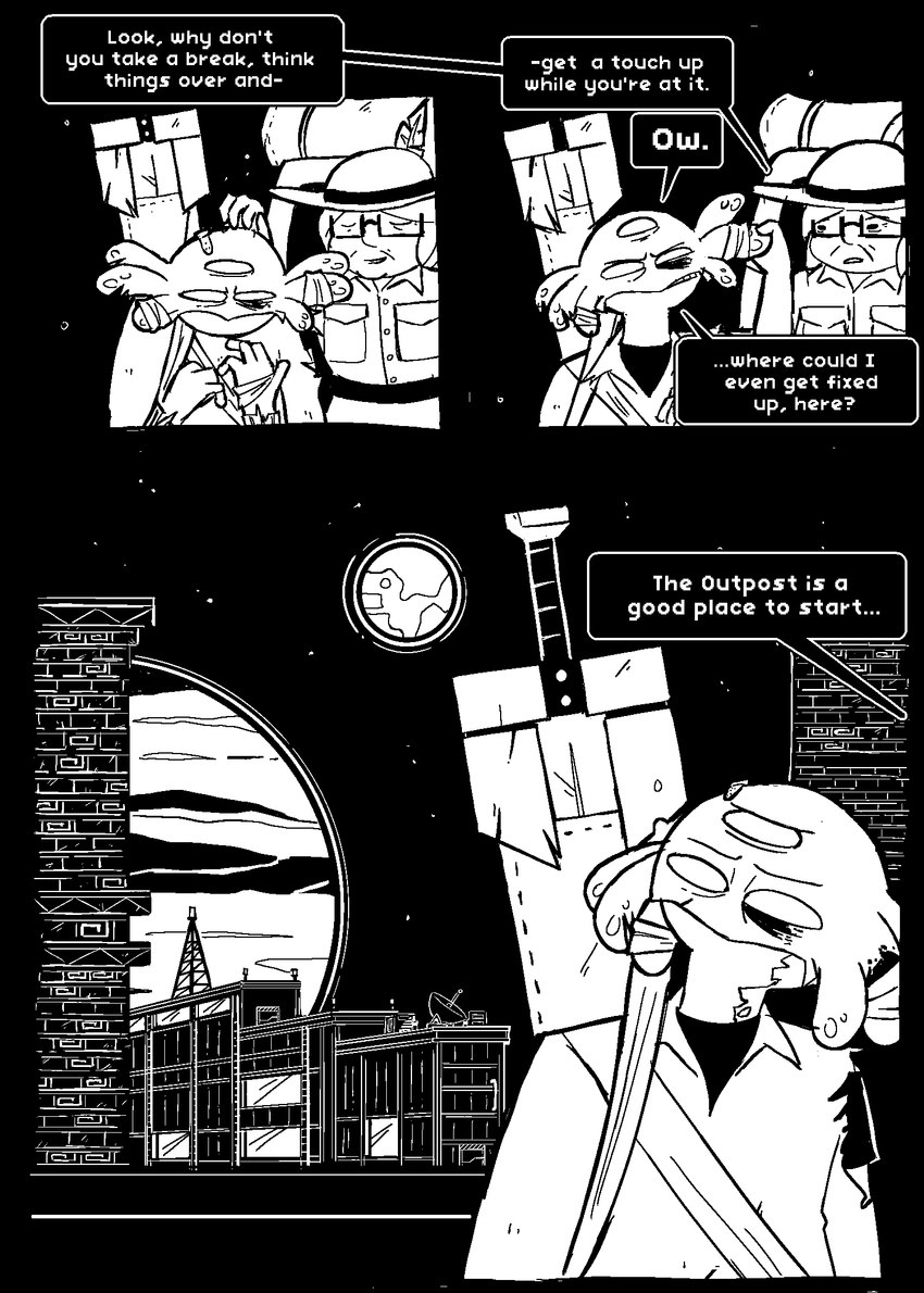 anthro clothing dialogue female flat_chested male planet star text topwear afuckingcamel-zenge-art_(artist) chucklefish starbound esther_bright kenta_(afuckingcamel) human hylotl mammal black_and_white comic english_text hi_res monochrome