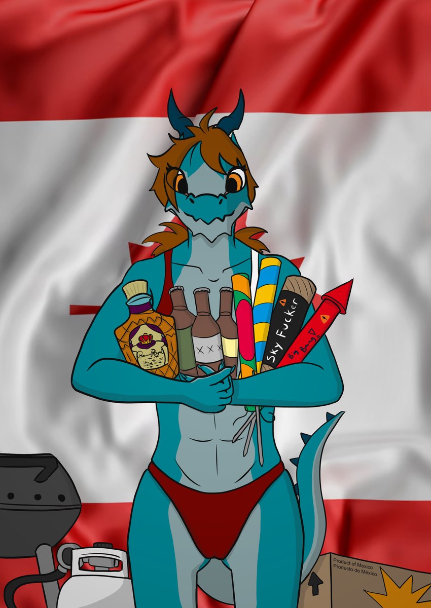 alcohol anthro barbecue beverage bikini bikini_bottom blue_horn box canada canadian_flag clothed clothing container countershade_torso countershading female fireworks flag flag_background front_view hair holding_object holidays horn looking_at_viewer orange_eyes orange_hair propane_tank solo standing swimwear tail teal_body teal_scales text two-piece_swimsuit flawedspirit canada_day crown_royal mythology selena_(flawedspirit) dragon mythological_creature mythological_scalie scalie 2024 absurd_res digital_drawing_(artwork) digital_media_(artwork) english_text hi_res portrait spanish_text