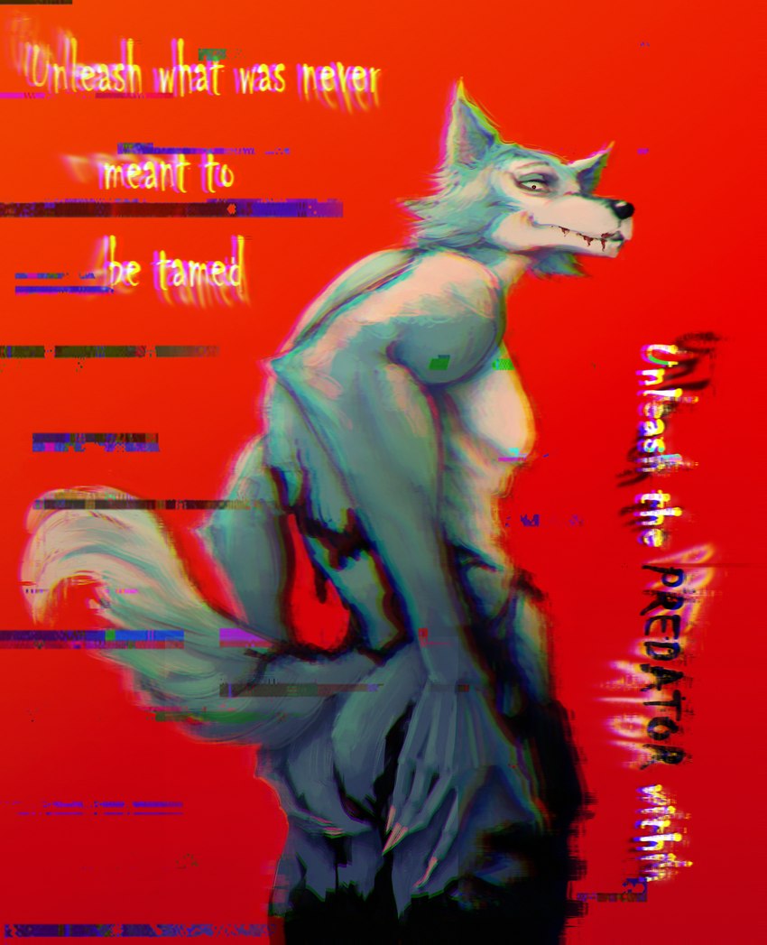 ambiguous_fluids anthro blood blood_from_mouth blood_in_mouth bodily_fluids madness male nude red_background simple_background solo text chaomo beastars legoshi_(beastars) canid canine canis mammal wolf absurd_res hi_res