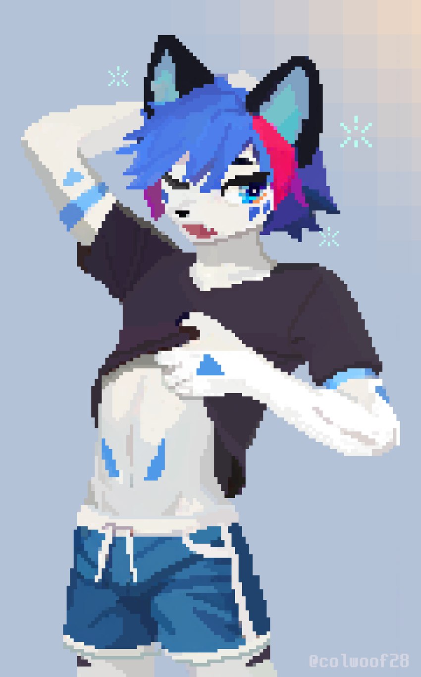 anthro blue_body blue_eyes blue_fur blue_hair blue_pupils bottomwear clothed clothing fur hair looking_at_viewer male multicolored_body multicolored_fur one_eye_closed open_mouth pants pupils shirt simple_background solo t-shirt topwear white_body white_fur yarn colwoof28 corsod_(colwoof28) canid canine canis fox mammal 2025 digital_media_(artwork) hi_res pixel_(artwork)