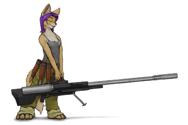 ammunition anthro anti-materiel_rifle bfg breasts eyes_closed female gun hair happy holding_gun holding_object holding_ranged_weapon holding_weapon military purple_hair ranged_weapon solo tail weapon ipoke geena_gonorah canid canine fox mammal 3:2