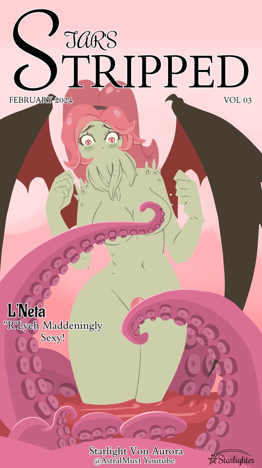 big_breasts black_wings blush blush_lines breasts convenient_censorship embarrassed eyelashes face_tentacles female front_view green_body hair membrane_(anatomy) membranous_wings navel nude partially_submerged pink_background pink_eyes pink_hair pseudo_hair simple_background solo standing_in_water tentacle_hair tentacles text thick_thighs wide_hips wings starlighterxeta h._p._lovecraft sucker_for_love ln'eta_(sucker_for_love) eldritch_abomination great_old_one_(h.p._lovecraft) humanoid mollusk 2024 digital_media_(artwork) hi_res