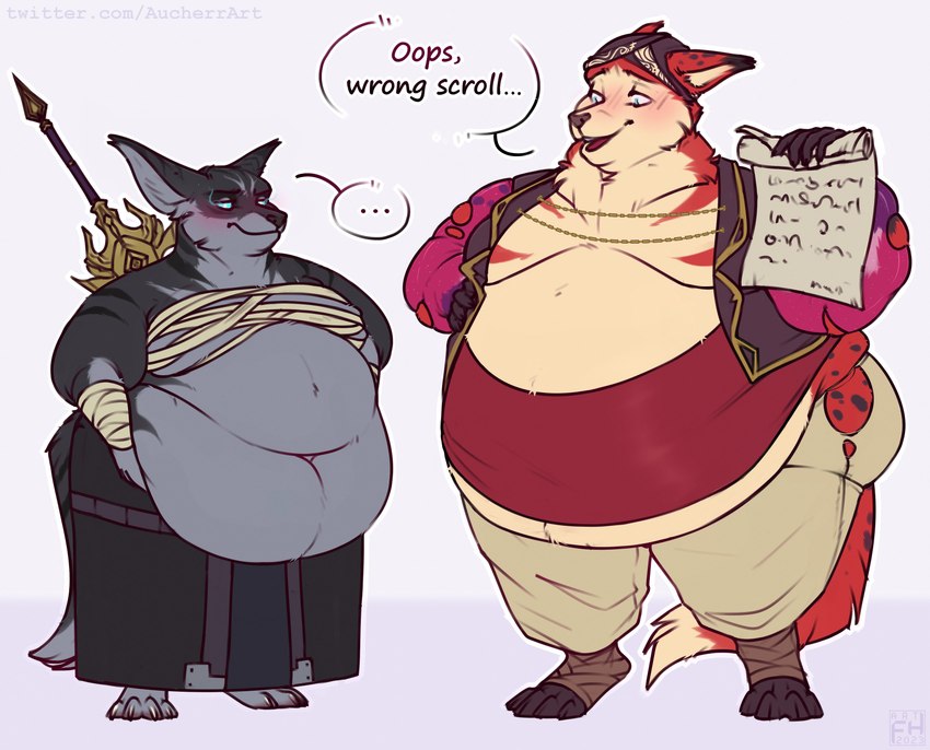 annoyed anthro bandage belly big_belly big_butt black_body black_fur black_nose black_stripes blue_eyes bottomwear butt clothing duo fur grey_body grey_bottomwear grey_clothing grey_fur grey_pants holding_belly holding_scroll looking_at_another magic male male/male melee_weapon moobs overweight overweight_male pants purple_clothing purple_topwear purple_vest red_body red_clothing red_fur red_shirt red_topwear scroll shirt simple_background standing stripes sword tail tan_body tan_fur topwear vest weapon weight_gain aucherr canid canine fox mammal 2023 absurd_res hi_res